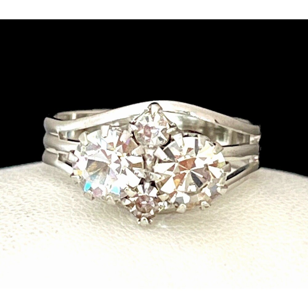 Vintage 1960s Ring Silver Tone Prong Set Rhinestones Mid Century Modern 4K